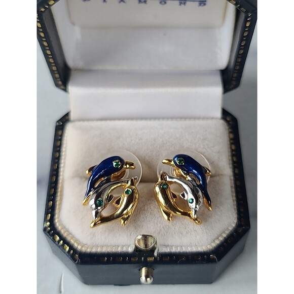 Dolphin Enamel Rhinestone Stud Earrings Vintage Costume Jewelry - Picture 8 of 10